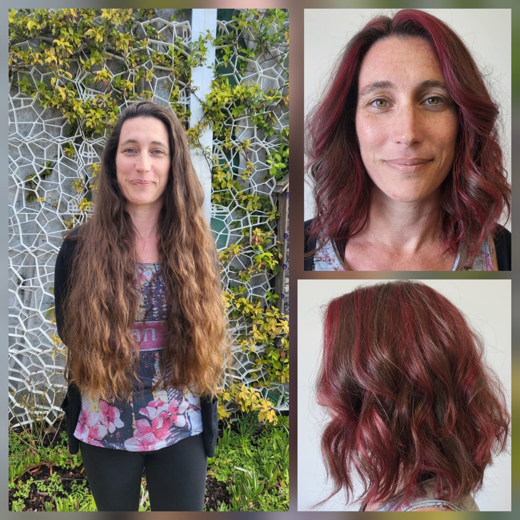 Avant/après d’une coupe et d’une coloration rouge sur cheveux longs