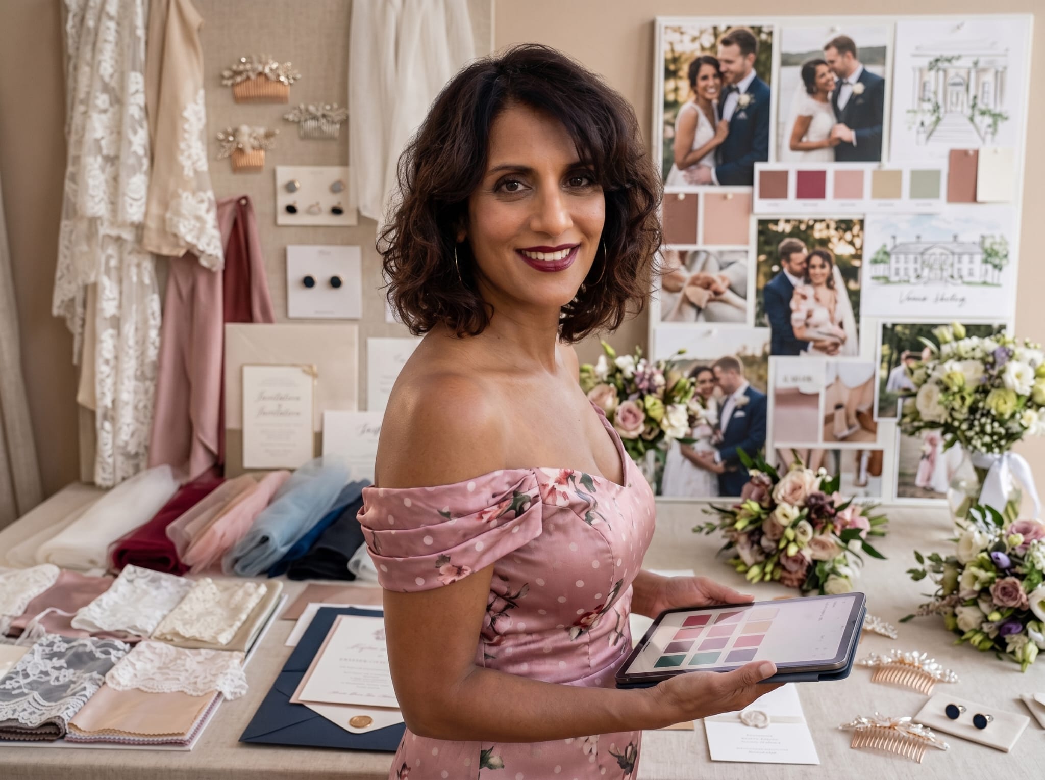 Conseillère en image présentant une palette de couleurs devant un moodboard de mariage